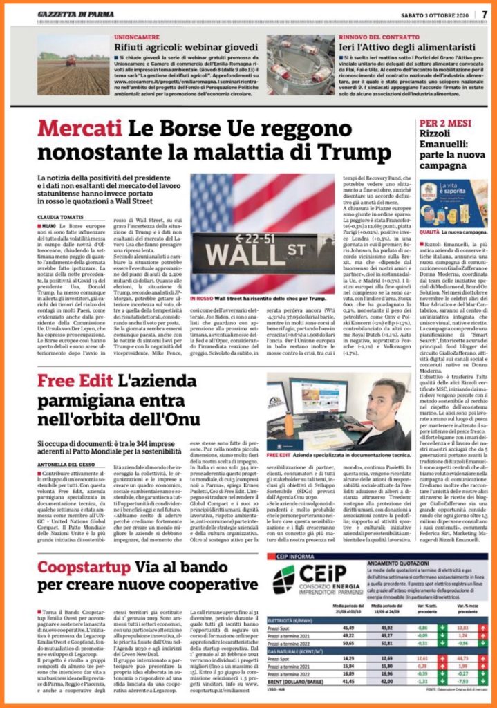 Articolo Gazzetta di Parma - Free Edit UNGC - pagina intera